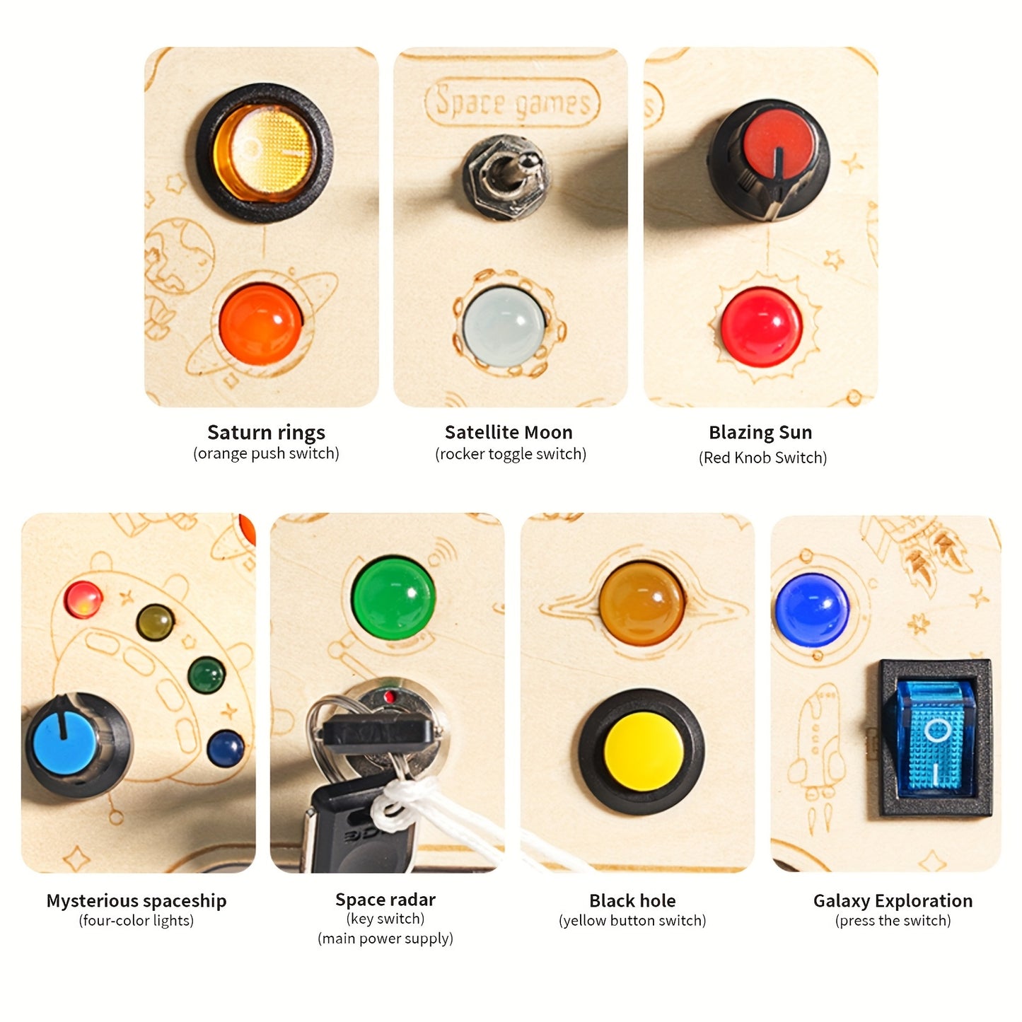 Close-up of wooden board with switches and engraved tech symbols for sensory play.