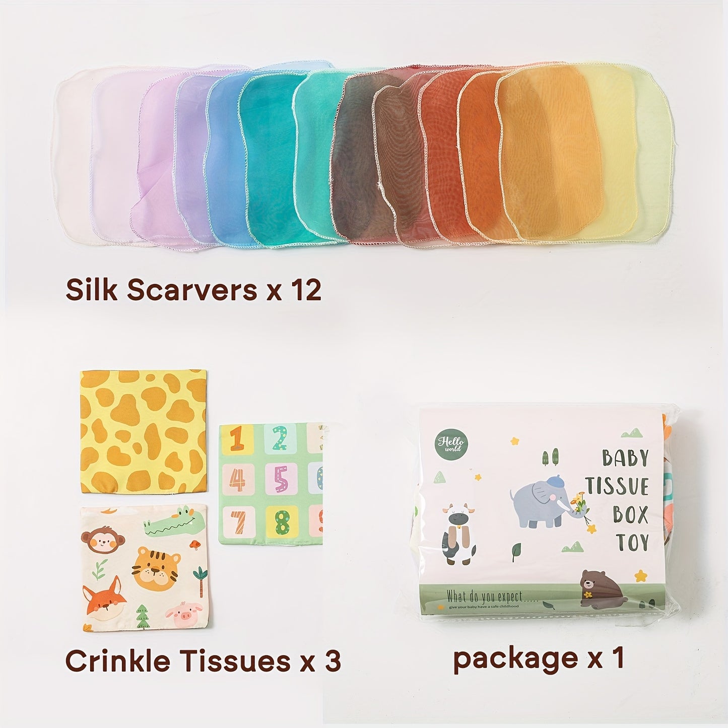 Engaging tissue play box with vibrant tissues for sensory stimulation and early motor skill practice in infants.