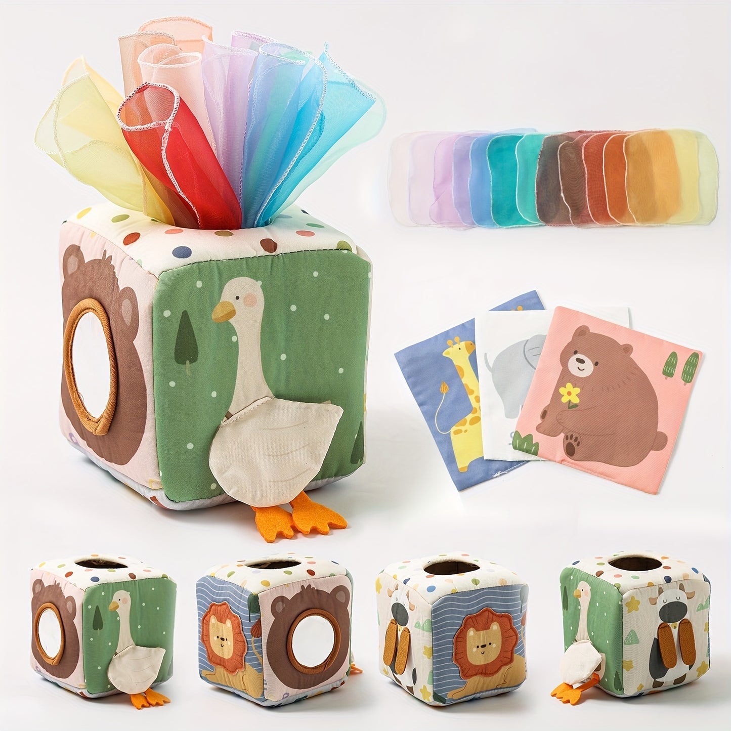 Montessori-inspired tissue play box with multicolored soft tissues to enhance sensory and fine motor development.