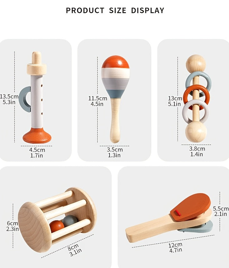 Set of baby-safe musical instruments promoting auditory development and fine motor skills.