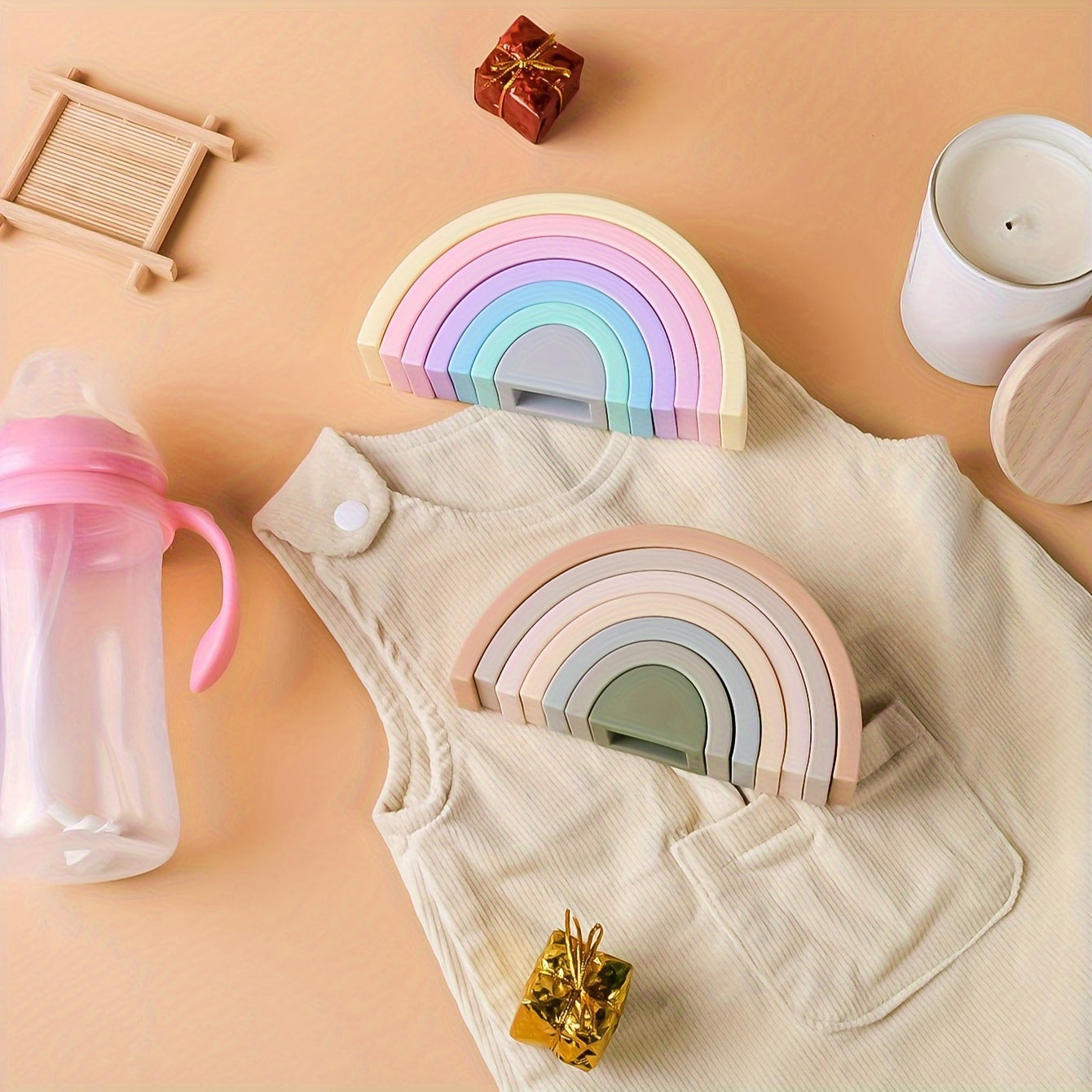 Wooden rainbow stackers and stacking toys for imaginative play.