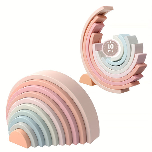 Soft pink BPA-free silicone stacking rainbow toy for early childhood development