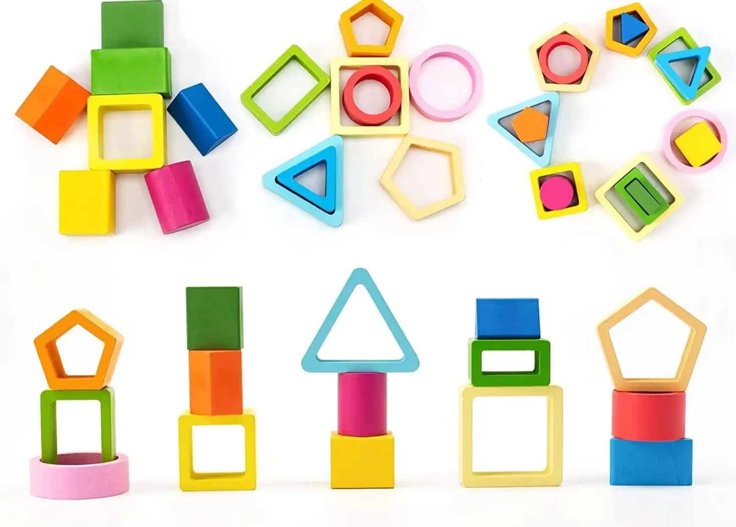 Montessori wooden geometry puzzle with colorful shape pieces.