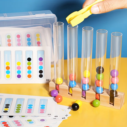 Fine motor skill activity with test tubes bead toy featuring vibrant beads, wooden base, and child-friendly tongs for sorting practice.