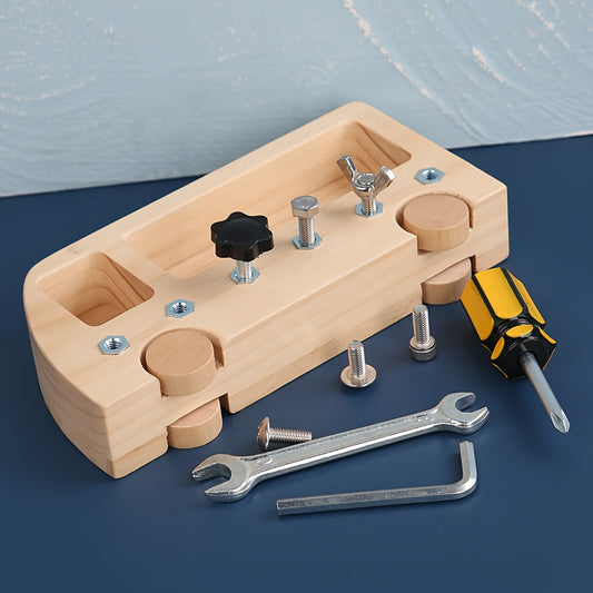 Wooden Tool Kit with child-friendly screwdriver and screws, promoting fine motor skills, hand-eye coordination, and problem-solving for children.