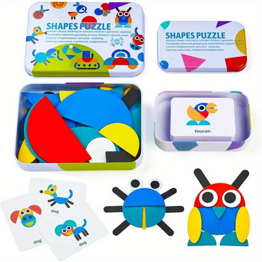 Open-ended wooden shape puzzles with 38 colorful wooden shapes and 60 activity cards for fine motor and spatial skill development