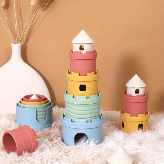 Soft silicone castle blocks stacked in a colorful tower for baby sensory play.