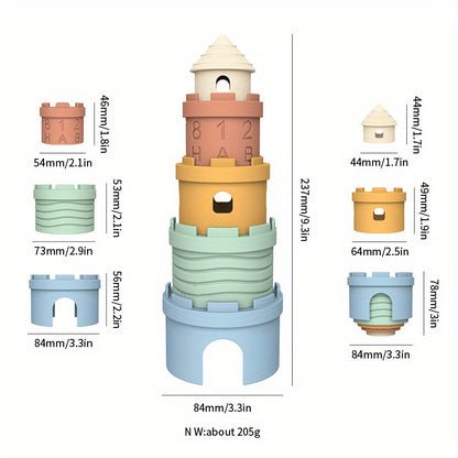 Safe teething-friendly silicone stacking toy set arranged in a rainbow layout.