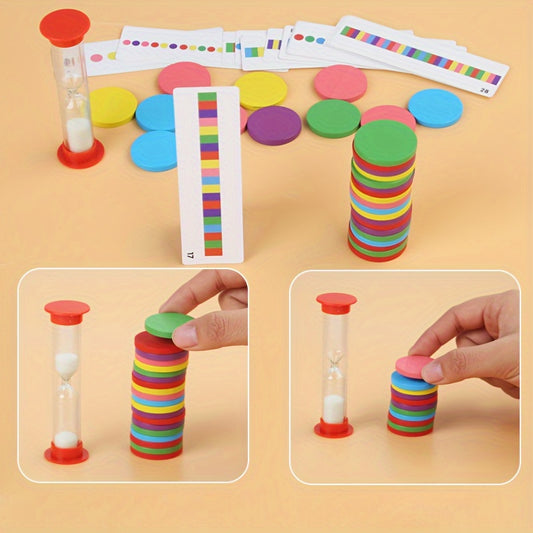 Wooden memory match game with colorful discs, double-sided challenge cards, and sand timer for kids, designed to develop memory, focus, color recognition, sorting, and fine motor skills.