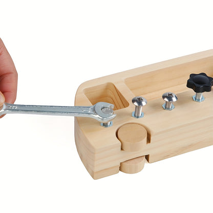 Close-up of a child’s hands tightening screws with a wooden screwdriver from a durable, educational tool kit.