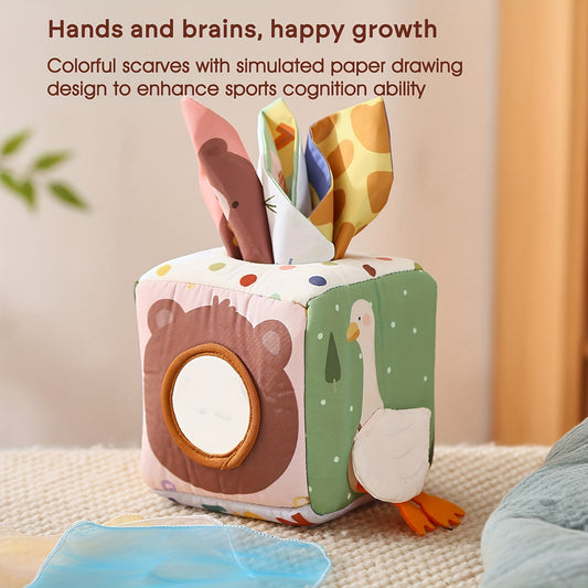 Tissue play box toy with colorful soft tissues for sensory and fine motor skill development in babies