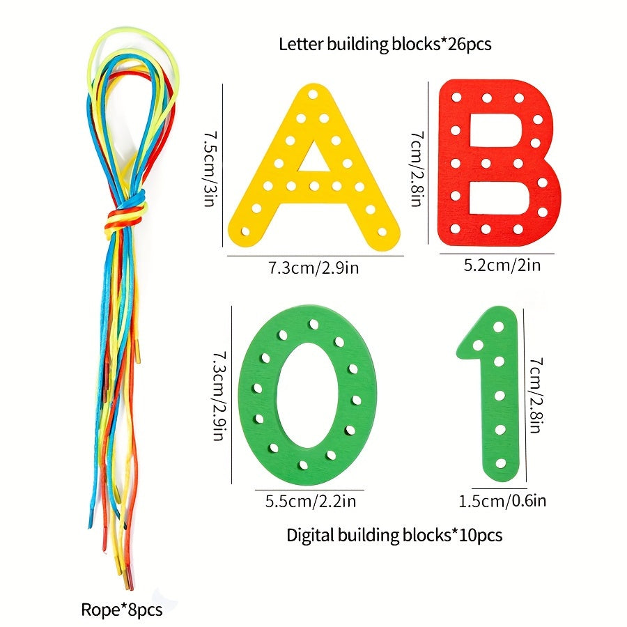 Wooden letters and numbers threading set