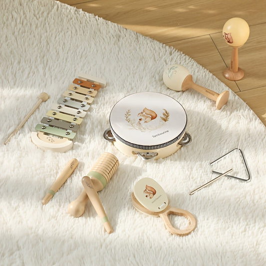 Assorted children’s musical instruments laid out on a play mat, ideal for group sound exploration.
