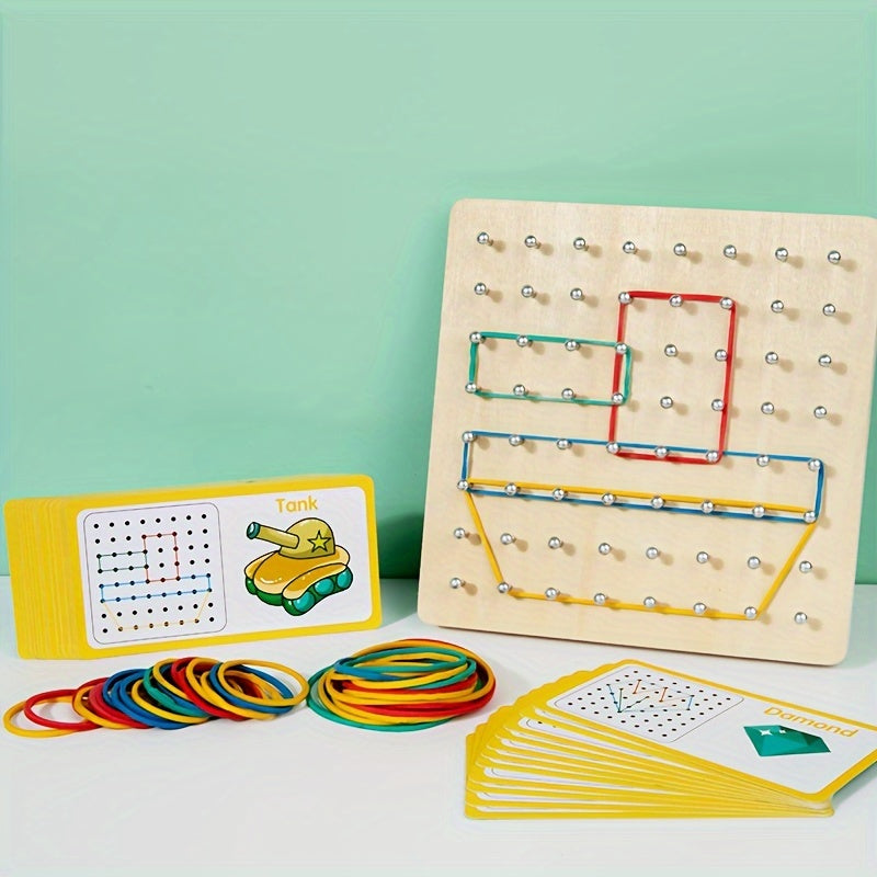 Wooden GeoBoard with vibrant elastic bands and pattern cards, designed to develop children’s spatial awareness and fine motor skills.