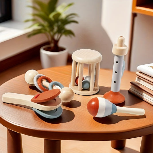 Child-friendly musical instruments set with trumpet, maracas, castanets, cage rattle, and three-ring rattle, designed to support sensory exploration, rhythm learning, and fine motor development in young children.