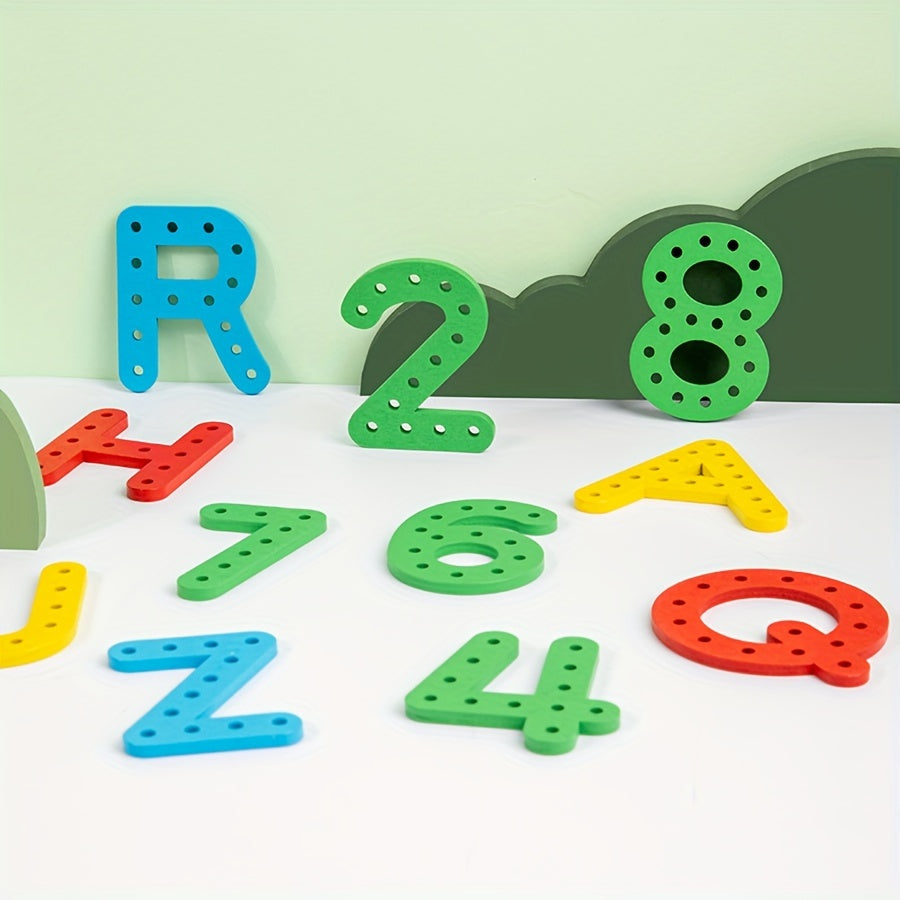 Threading wooden numbers and letters set to build fine motor skills.