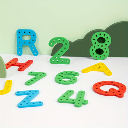 Threading wooden numbers and letters set to build fine motor skills.