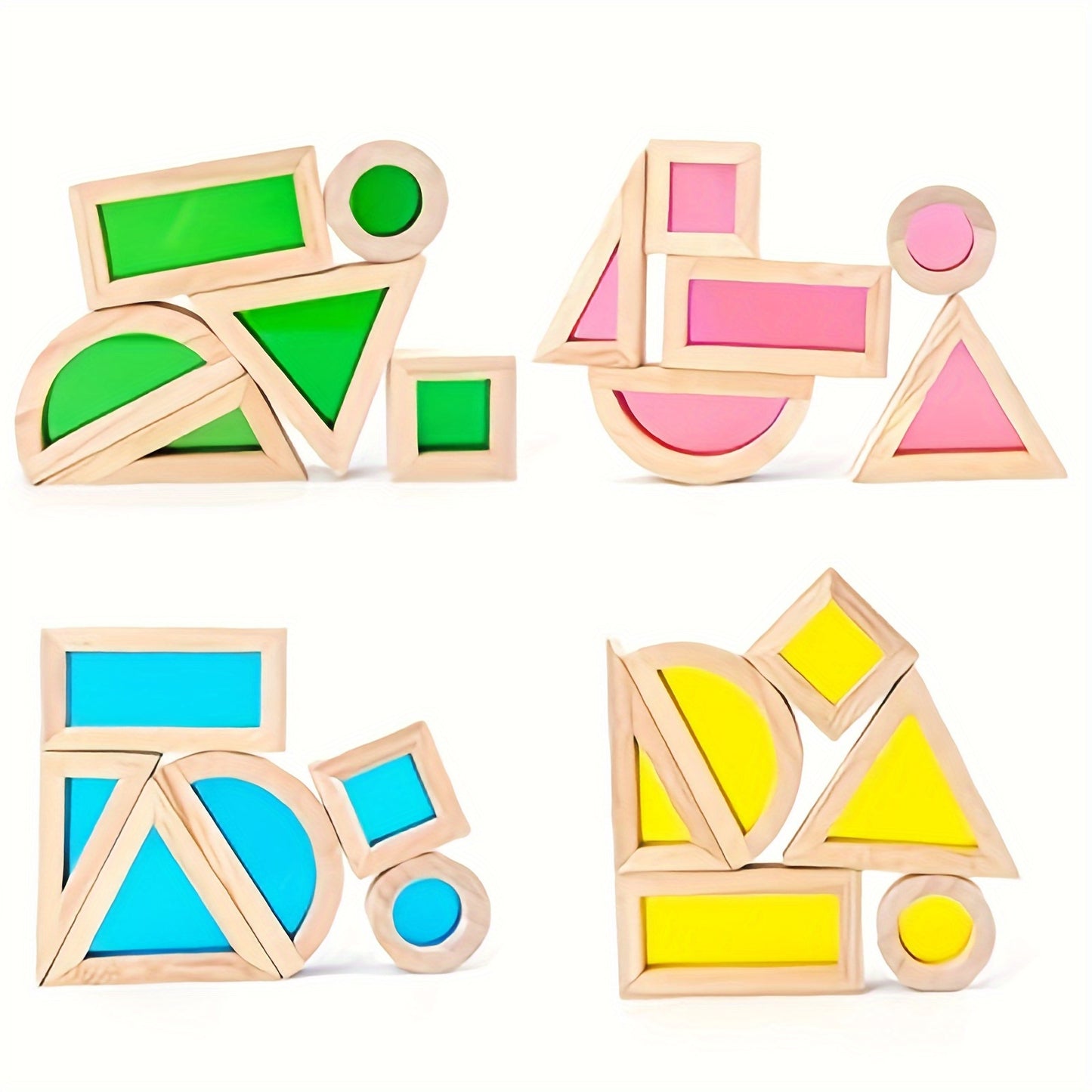 Colorful transparent geometric blocks that foster STEM education, color blending, and hand-eye coordination in children.
