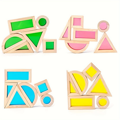 Colorful transparent geometric blocks that foster STEM education, color blending, and hand-eye coordination in children.