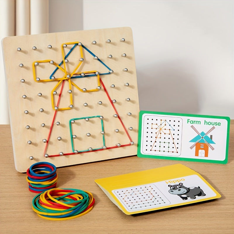 Montessori wooden GeoBoard with colorful elastic bands and pattern cards for hands-on shape creation, spatial awareness, and fine motor skill development.
