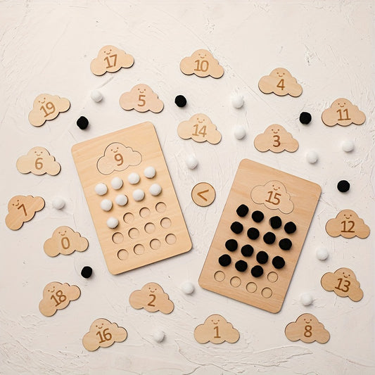 Wooden Cloud Number Board Set with black and white pompoms for counting, sorting, and fine motor skill development