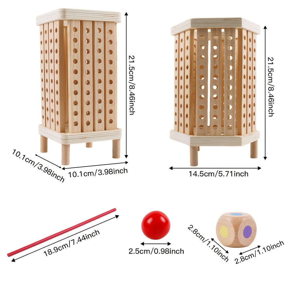 Bright wooden sticks being balanced on a child-safe wooden hexagonal frame.