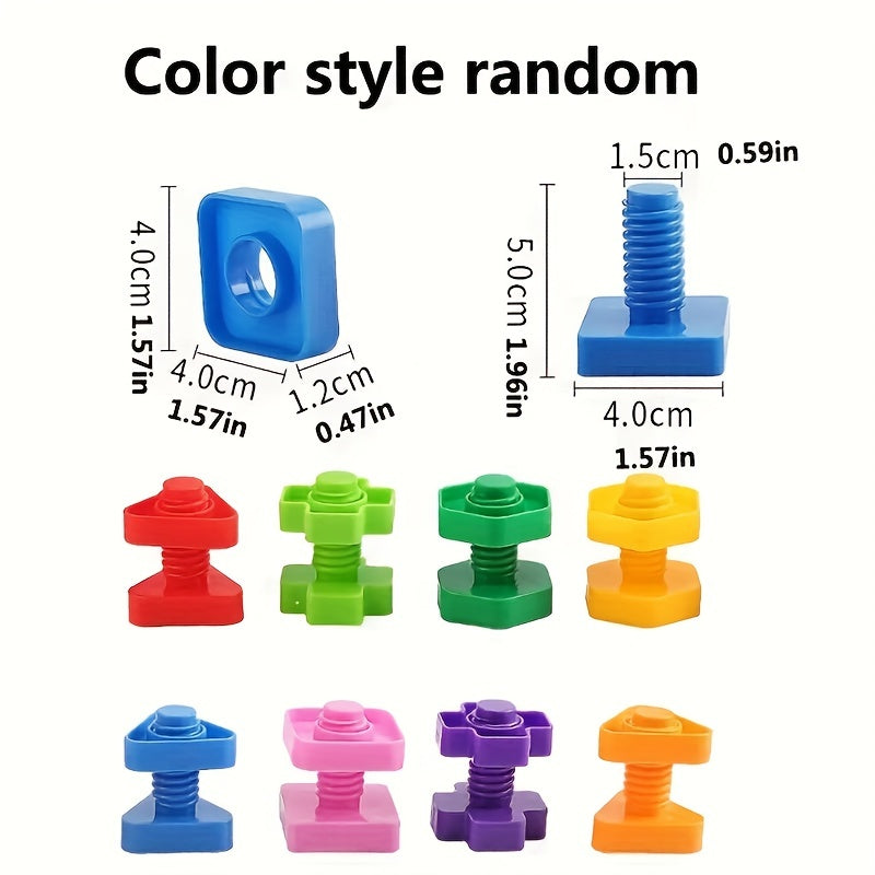 Size and measurement of educational screw and unscrew toy blocks encouraging spatial awareness and construction skills