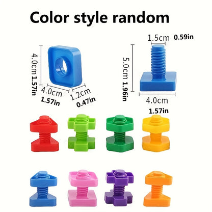 Size and measurement of educational screw and unscrew toy blocks encouraging spatial awareness and construction skills
