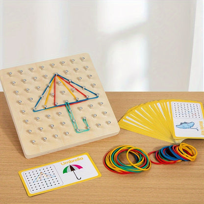 Montessori wooden GeoBoard with colorful elastic bands and pattern cards for hands-on shape creation, spatial awareness, and fine motor skill development.