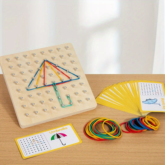 Montessori wooden GeoBoard with colorful elastic bands and pattern cards for hands-on shape creation, spatial awareness, and fine motor skill development.
