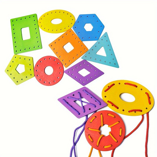 Montessori-inspired threading toy set with vibrant shapes and durable strings.