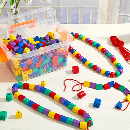 Multi-shape, multi-color educational beads used for sorting, sequencing, and weaving.
