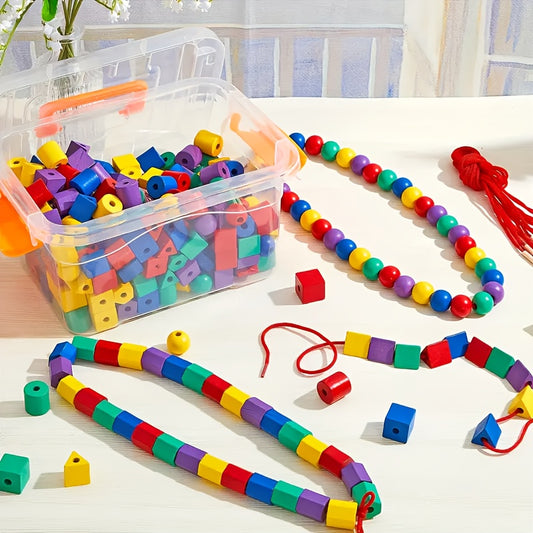 Multi-shape, multi-color educational beads used for sorting, sequencing, and weaving.