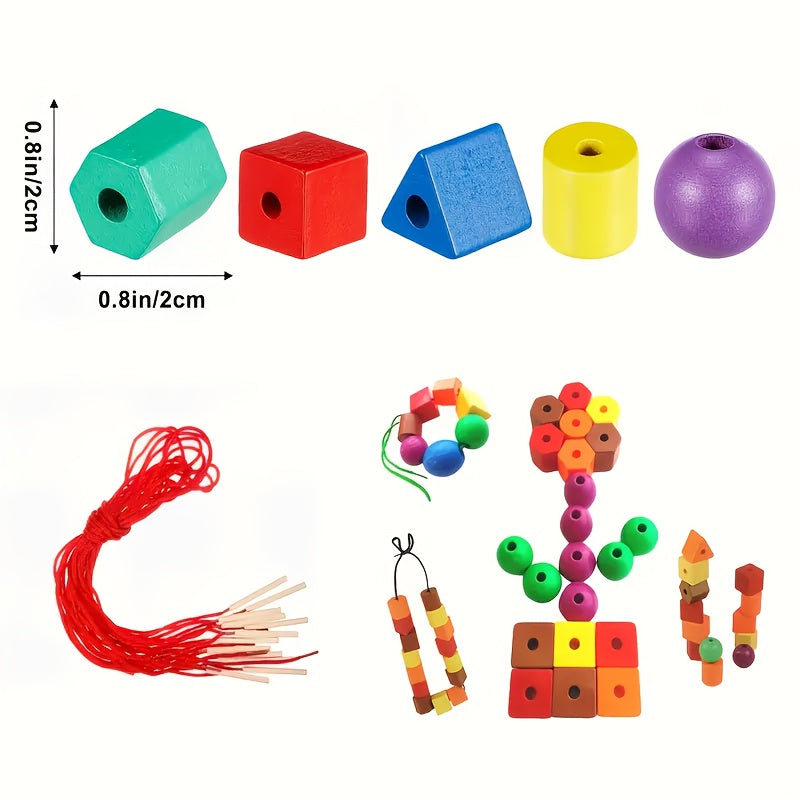 Hands-on learning activity with bright beads and string to improve hand-eye coordination.