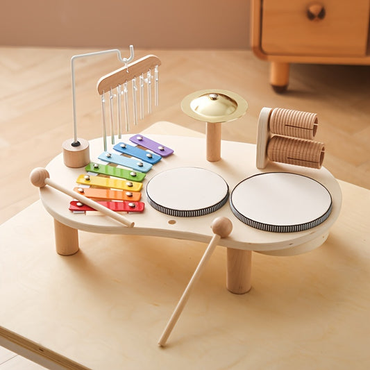 Portable toddler music table with xylophone, drum pad, and cymbal for early music education and sensory play