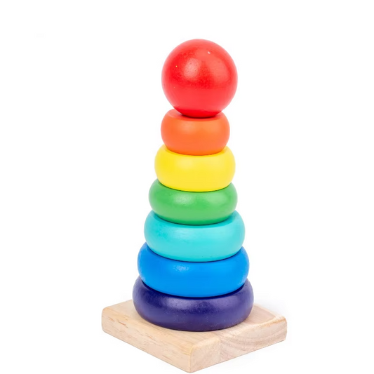 Montessori wooden rainbow stacker toy set flat lay.
