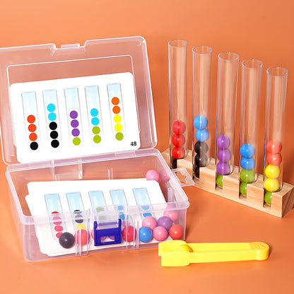Test tubes bead toy set with colorful beads, wooden base, and tongs for fine motor skill and color sorting activities