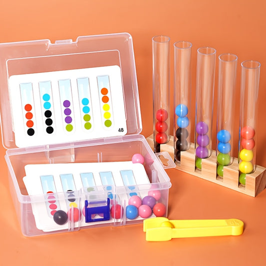 Test tubes bead toy set with colorful beads, wooden base, and tongs for fine motor skill and color sorting activities