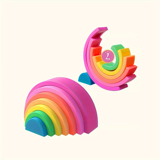 Bright pink BPA-free silicone stacking rainbow toy enhancing color recognition