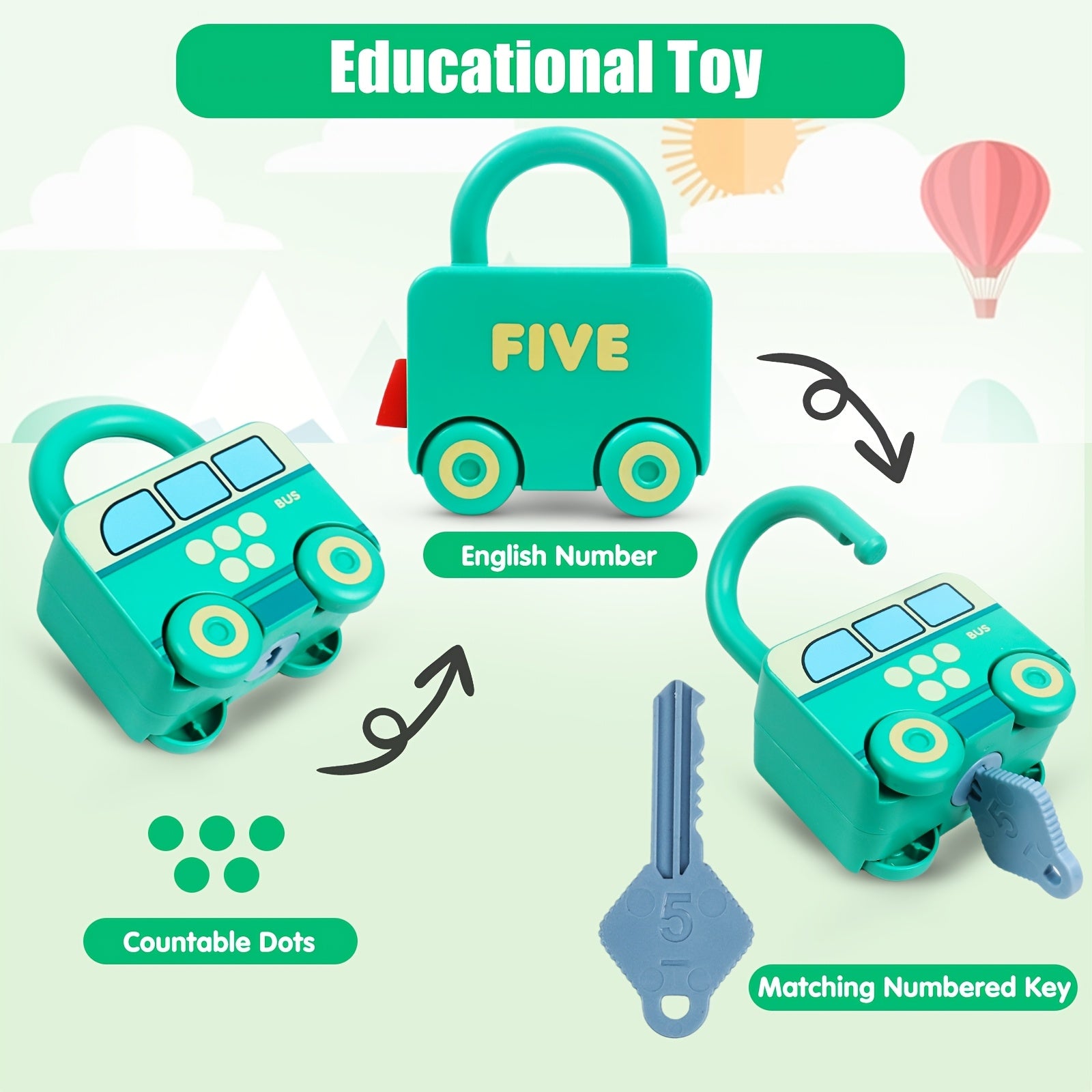 Hands-on lock and key toy promoting early math skills through number and quantity matching.