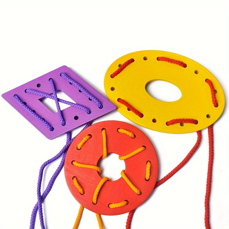 Wooden lacing toy set for toddlers promoting shape recognition and creativity.