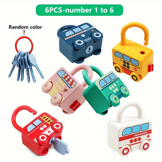 Lock and Key Math Puzzle Set with numbered locks and matching keys, designed to teach early number recognition, fine motor skills, and problem-solving for young children.