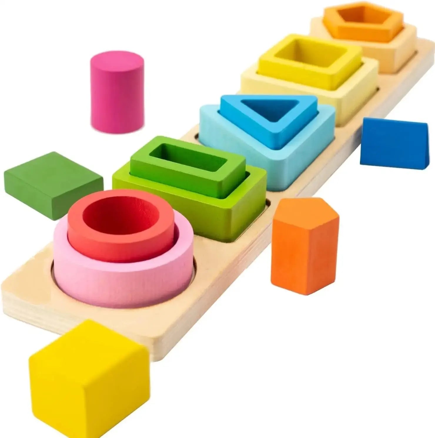 Puzzle board with multicolored geometric pieces for toddler and preschool learning.