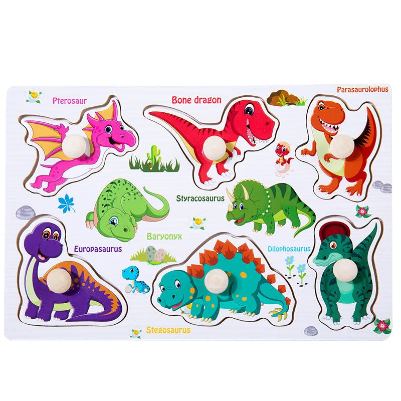 Wooden Montessori dinosaur puzzle with colorful T. rex and triceratops pieces