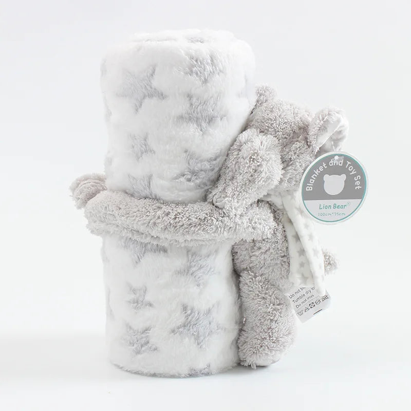 Elephant plush toy with a label on a white background