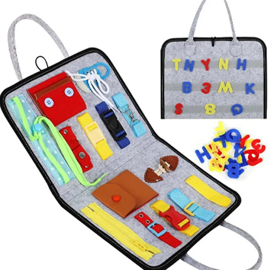 Montessori portable practical life skill busy bag with zipper, button, buckle, and tie activities for toddler fine motor development.