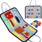 Montessori portable practical life skill busy bag with zipper, button, buckle, and tie activities for toddler fine motor development.