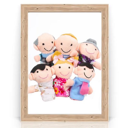Family finger puppets set with six soft plush characters for imaginative storytelling and role-play.