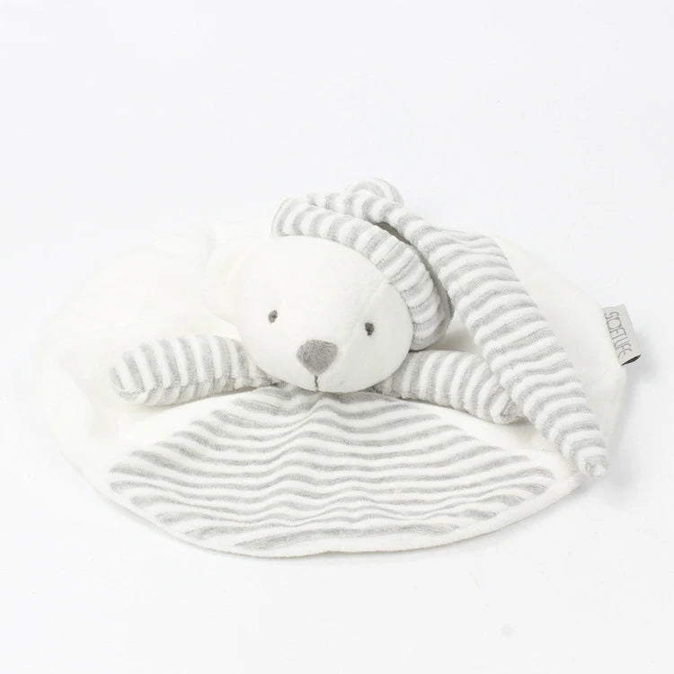 Striped plush toy with a soft texture on a white background