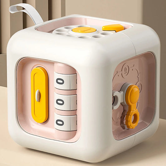 Montessori busy cube with rotating clock, dial telephone, and push switch